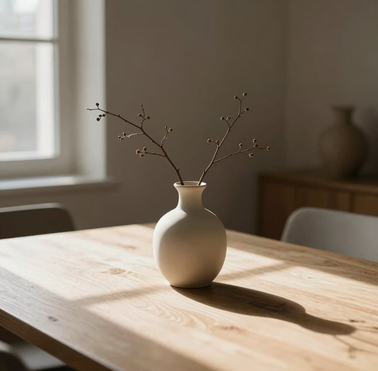 Close-up of a beautifully staged dining table with ceramic vase, single branch, soft morning light streaming through a window, elegant minimalist styling
