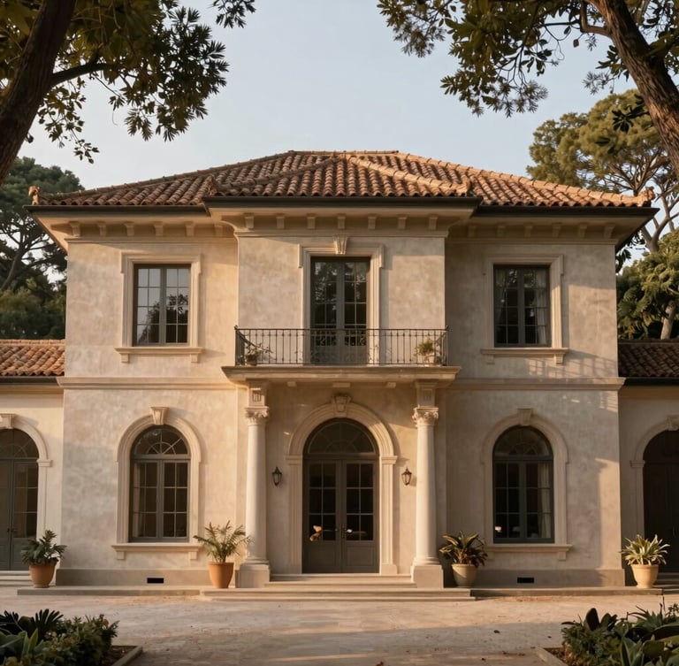 Elegant historic villa exterior surrounded by mature trees, soft golden hour sunlight, architectural photography style with warm tones