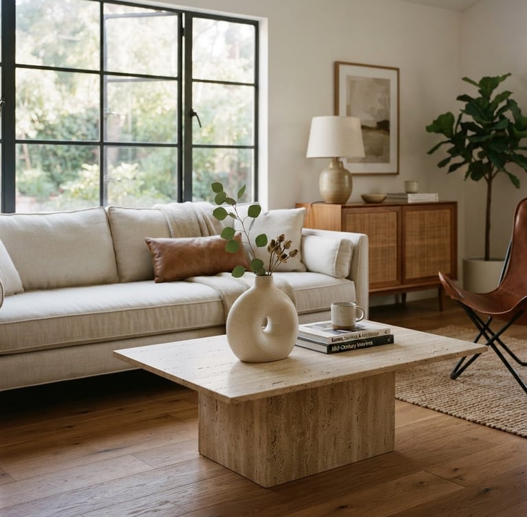Close-up of a beautifully staged mid-century modern living room, soft morning light streaming through a large steel-framed window, warm oak floor, neutral linen sofa, minimalist ceramic vase on a travertine coffee table, architectural editorial photography