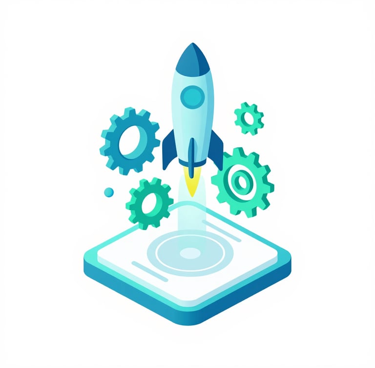 Isometric 3D vector illustration of a mobile app interface floating with digital gears and launch rockets, vibrant cyan and teal accents on a clean white background.