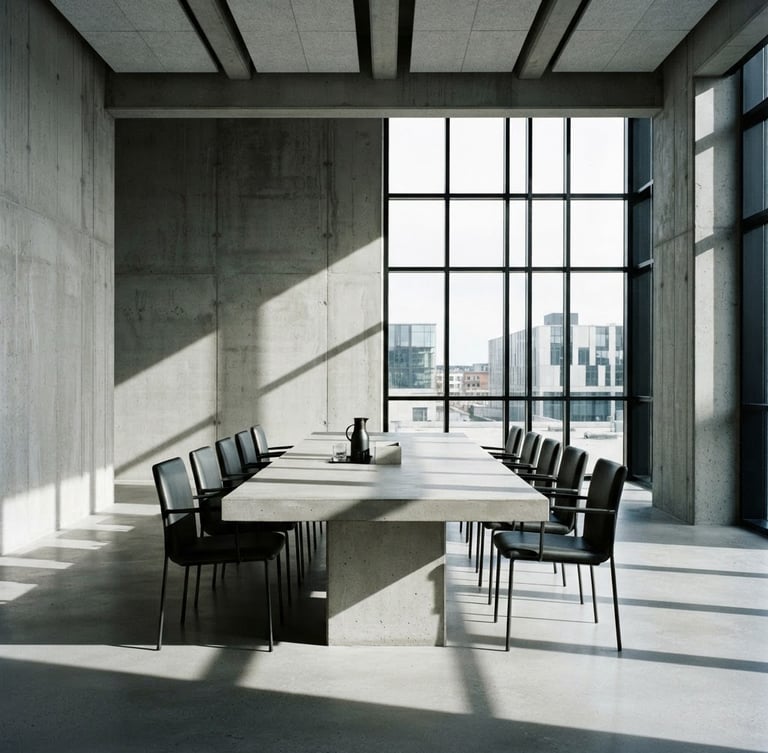 Architectural minimalist photography of a modern concrete boardroom with sharp geometric shadows, desaturated cool tones, medium format film