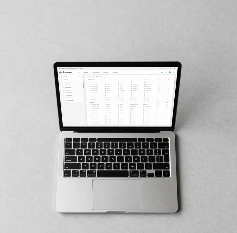 Overhead desk layout with a modern laptop showing a clean data dashboard, structured wireframes, neutral cool daylight, high contrast.