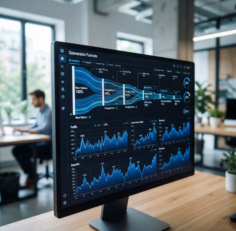 Crisp macro photograph of a high-contrast dark-mode analytics dashboard showing conversion pipelines, sharp blue line charts, clean modern office background with cool natural light
