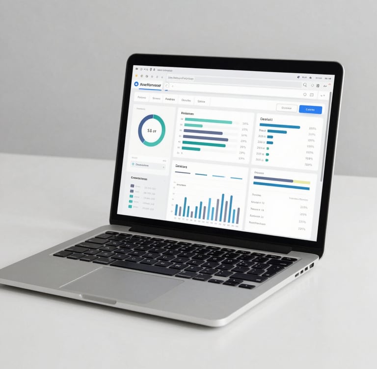 Crisp editorial tech photography of a modern workspace in clean neutral daylight. A high-contrast data dashboard showing search analytics is displayed on a laptop screen, cool desaturated tones, sharp focus.