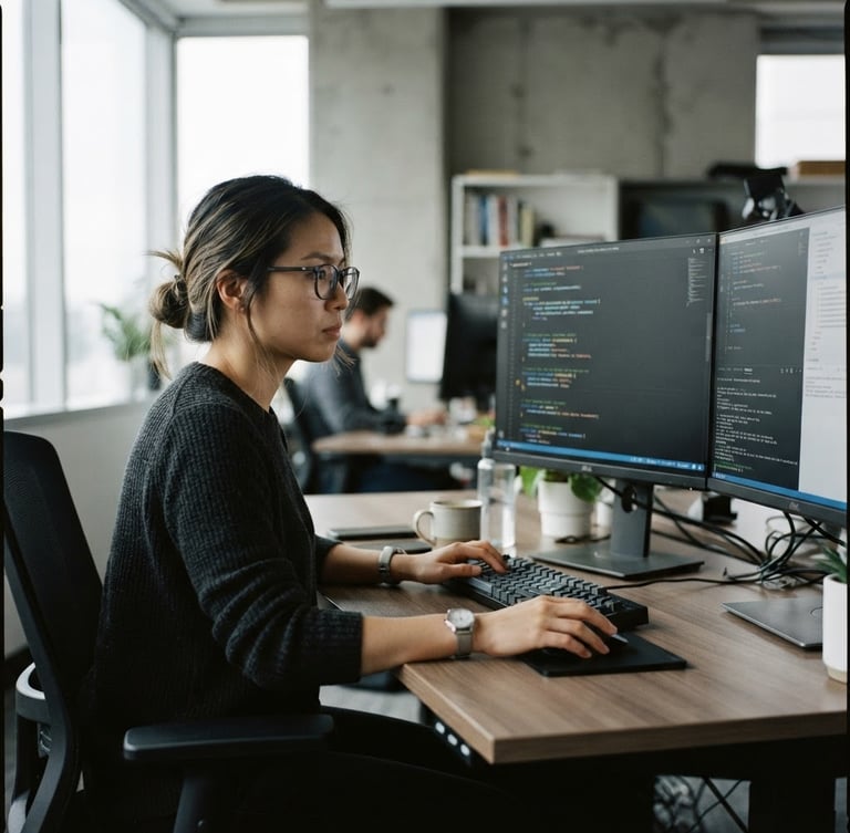 Candid editorial portrait of a technical specialist analyzing code on a dual-monitor setup in a bright, neutral daylight studio, cool tones, sharp focus, 35mm.