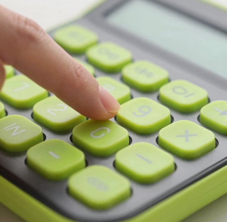 Extreme close-up angle of a thumb tapping a high-contrast lime calculator button on a modern Android screen, electric lime rim light reflecting on physical glass.