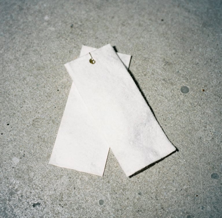 Medium close-up of heavy cotton garment tags on a raw concrete background, direct harsh flash lighting, high contrast, desaturated tones, 35mm film