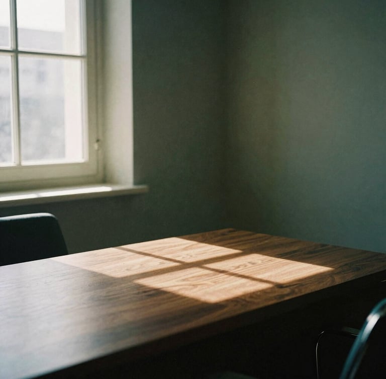 Subdued editorial photography of a quiet private office corner, soft natural window light casting long geometric shadows on a dark wood desk, 35mm.