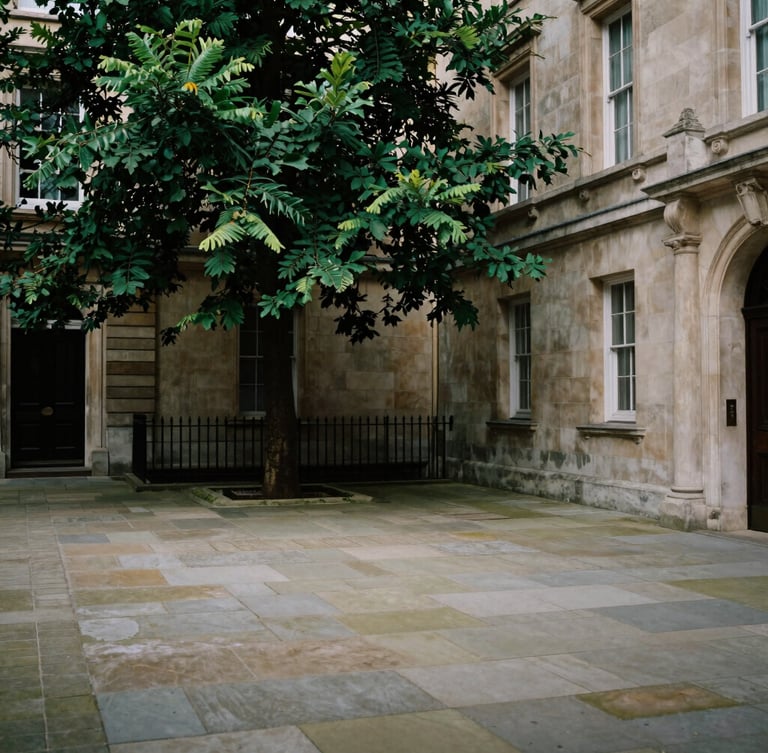 Wide architectural shot of a quiet stone courtyard in London, deep shadows, soft indirect natural light, subdued green foliage, 35mm.