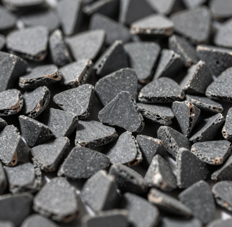 Extreme close-up of clean, uniform dark slate gray polymer granules in high-contrast industrial lighting, sharp shadows, shallow depth of field