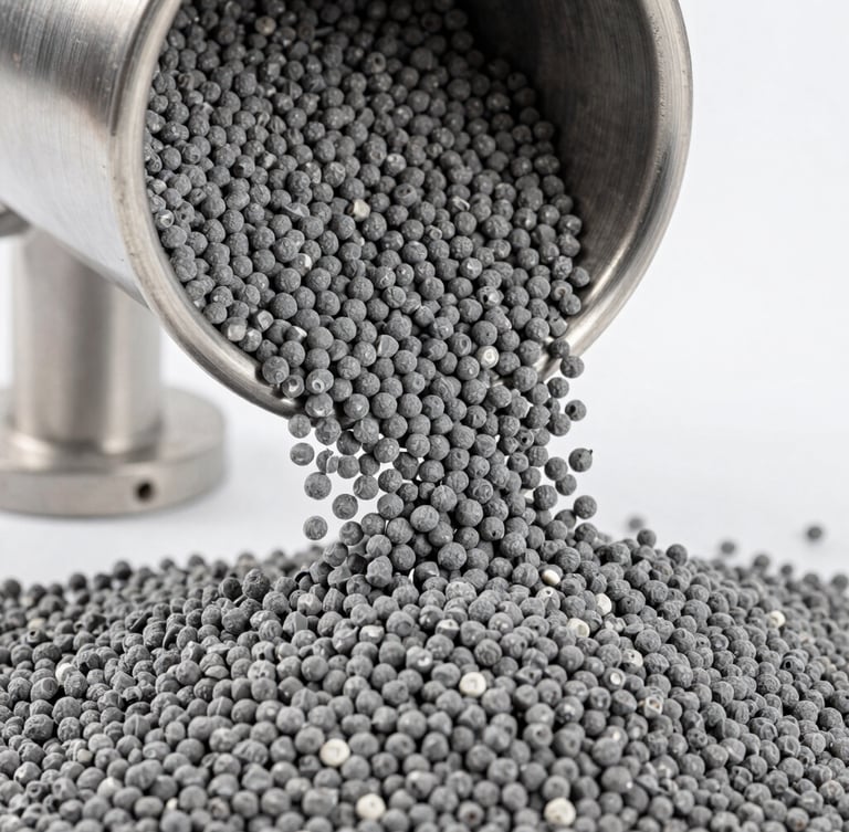 Industrial macro photography of uniform gray polymer granules flowing through a stainless steel funnel, cool daylight, sharp focus.
