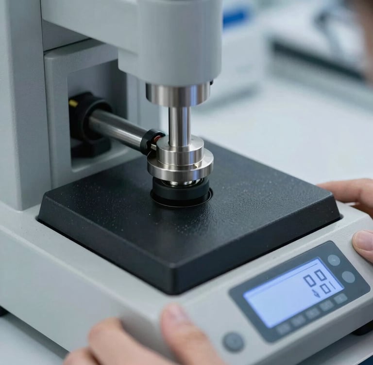 Close-up of a laboratory technician operating a digital extrusion plastometer, cool metallic lighting, sharp focus on the testing apparatus.