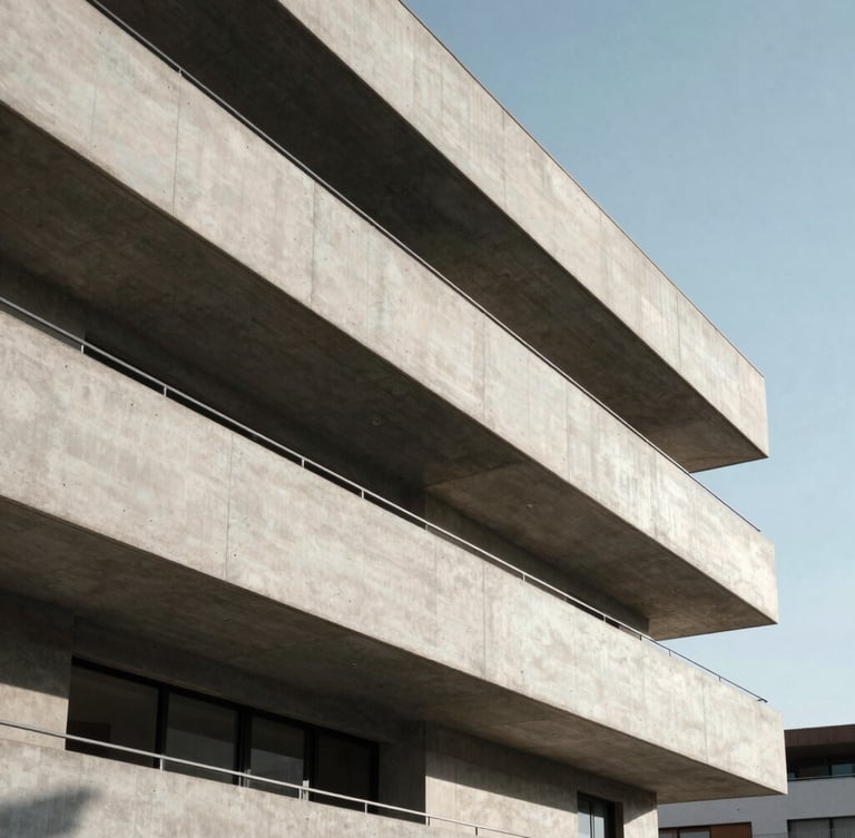 Strict geometric composition of a modern residential building facade in Spain, sharp concrete lines, deep architectural shadows under bright daylight, clean sky.