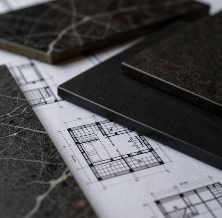 Close-up macro shot of architectural blueprints overlaid on premium dark marble and matte black metal material samples, dramatic side lighting