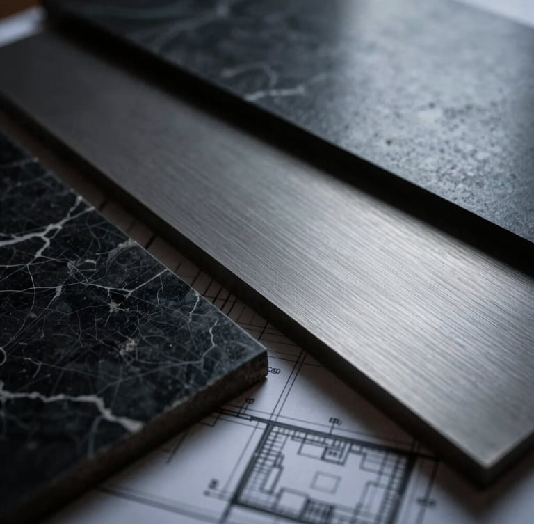 Close-up macro shot of architectural blueprints overlaid on raw black marble and matte steel material samples, sharp focus, low-key dramatic lighting.