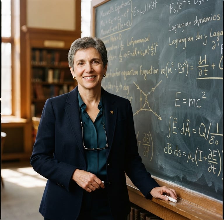 A professional portrait of a senior academic mentor in a navy blazer standing before a chalkboard with hand-drawn physics derivations, warm side-lighting, editorial style