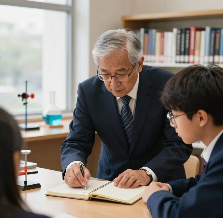 A senior academic mentor guiding a student over a notebook, soft natural light, physical science models in the background, professional editorial photography, 35mm