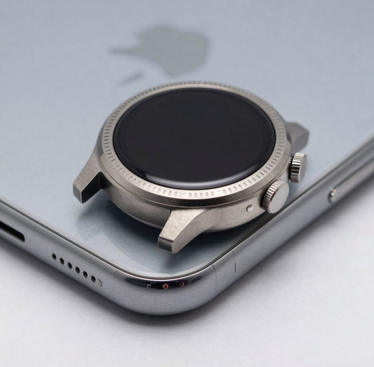 A macro studio photograph of a sleek titanium smartwatch bezel resting next to a metallic smartphone edge, crisp reflections, bright clean lighting with soft natural shadows, high-definition details.