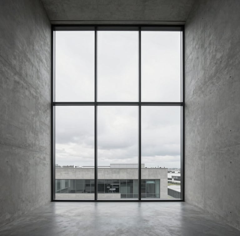 Minimalist modern office interior flooded with natural light, raw concrete walls, large window showing overcast sky, architectural photography