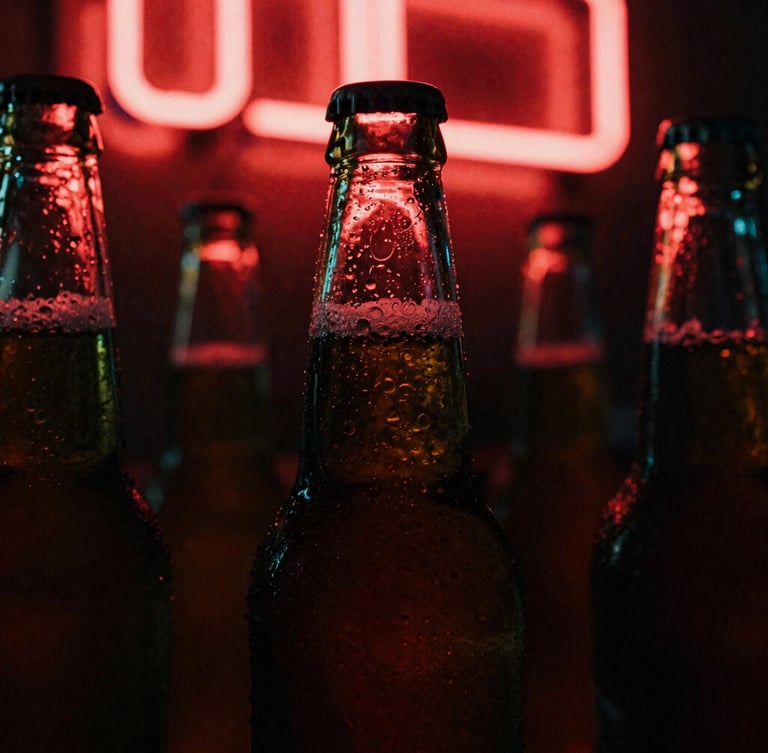 Moody close-up of condensation on cold beer bottles under a buzzing red neon sign, grainy film texture, 35mm lens.