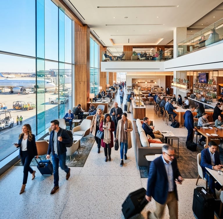 Wide shot of a modern, clean airport lounge with travelers in motion, bright natural daylight, high-contrast editorial look, no text or branding