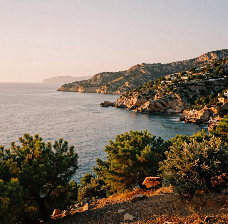 Panoramic view of a rugged Mediterranean coastline at dusk, warm golden light reflecting on the water, dusty green pine trees, 35mm film aesthetic.