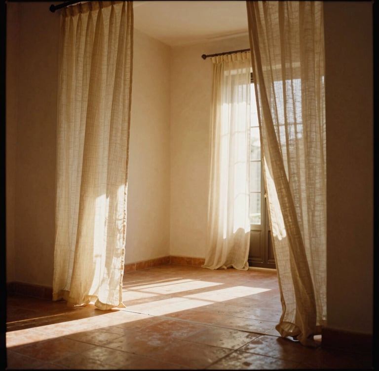 Portrait framing of an empty light-filled villa interior with linen curtains blowing in the wind, warm golden-hour sunlight casting soft shadows on terracotta floors, 35mm film aesthetic