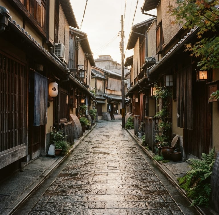 A quiet historic street in Kyoto during soft morning light, wet cobblestones, traditional wooden machiya facades, no people, rich textures, desaturated warm tones, 35mm film look.