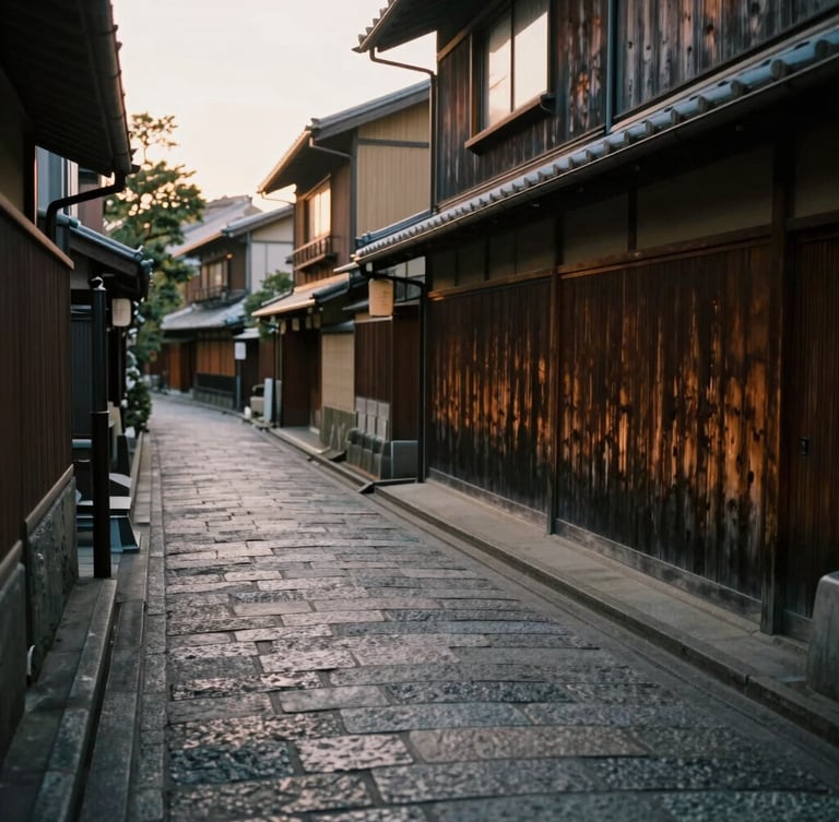 Quiet narrow stone alleyway in Kyoto at dawn, soft overcast daylight, weathered wood textures, moody editorial look, 35mm film style