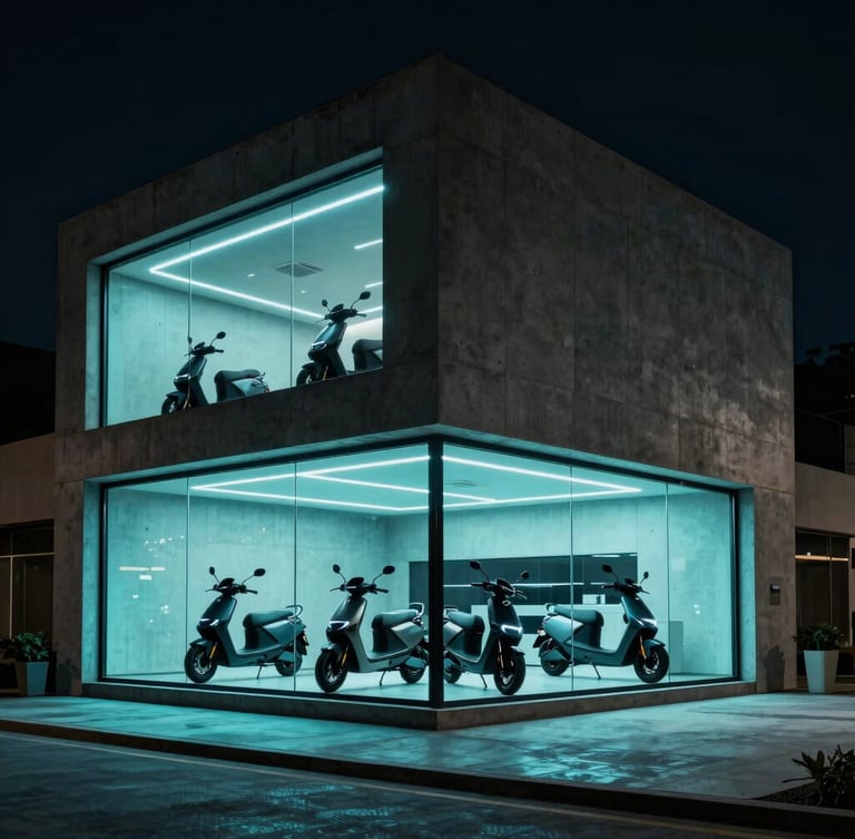 Cinematic architectural shot of a modern minimalist concrete showroom building in Lahore at night, glowing neon-cyan interior lights, large glass windows displaying sleek electric scooters