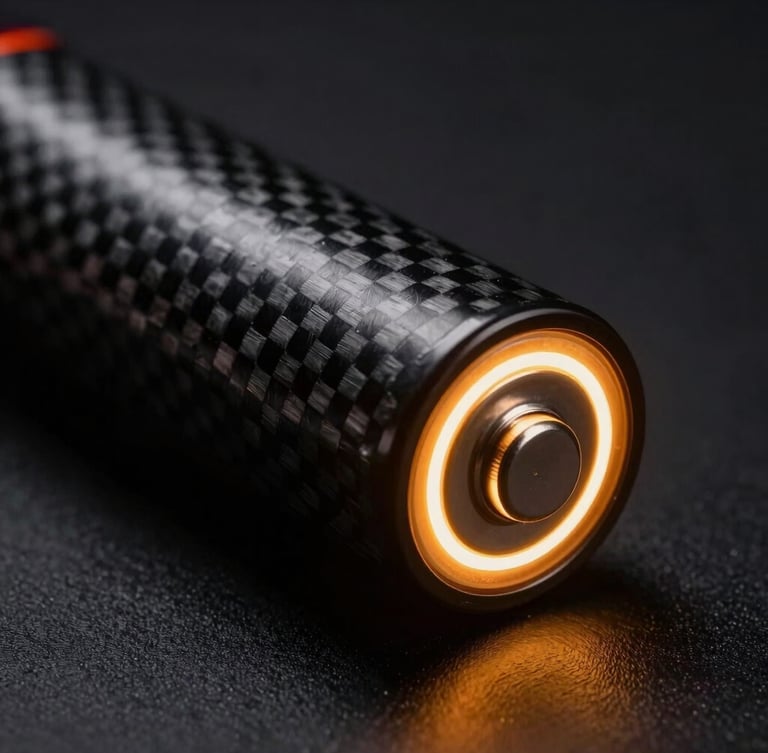 Macro detail shot of a sealed lithium-iron-phosphate battery casing, glowing electric-amber rim lighting, carbon fiber textures, dark studio background