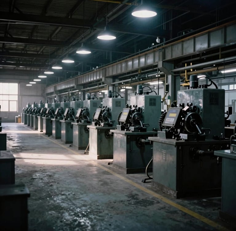Wide environmental 35mm shot of an empty factory floor at shift change, dramatic industrial lighting, technical machinery outlines
