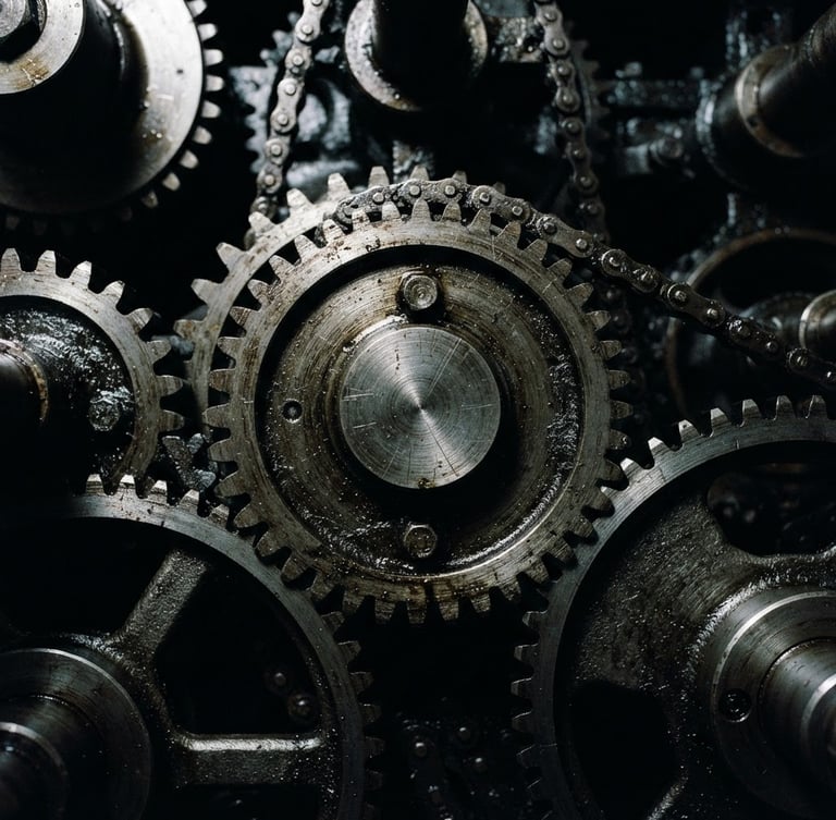 Close-up of gritty industrial machinery gears with high-contrast directional light, cool steel and charcoal tones, sharp focus, 35mm