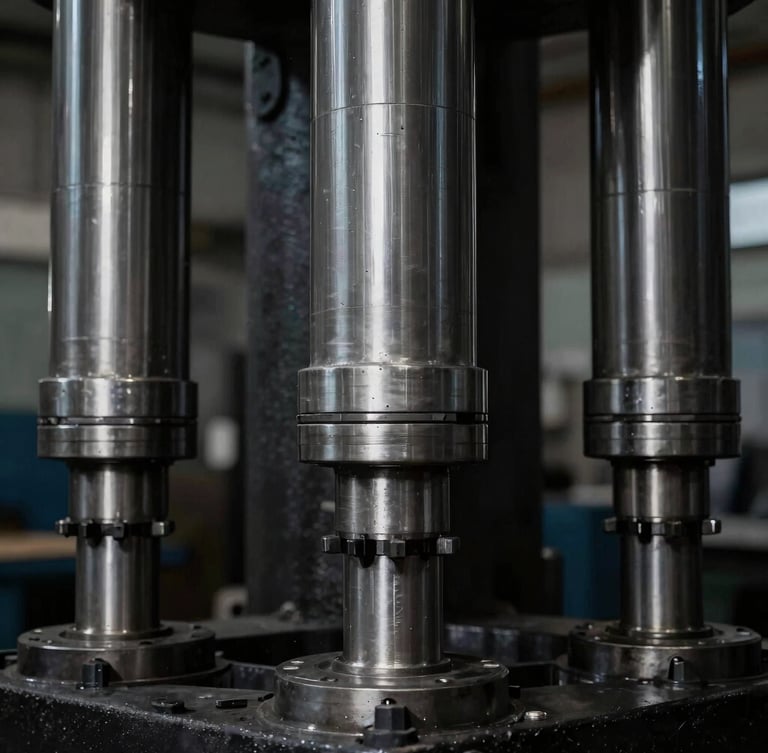 Macro high-contrast 35mm shot of heavy hydraulic press pistons, cool steel tones, dramatic directional industrial lighting