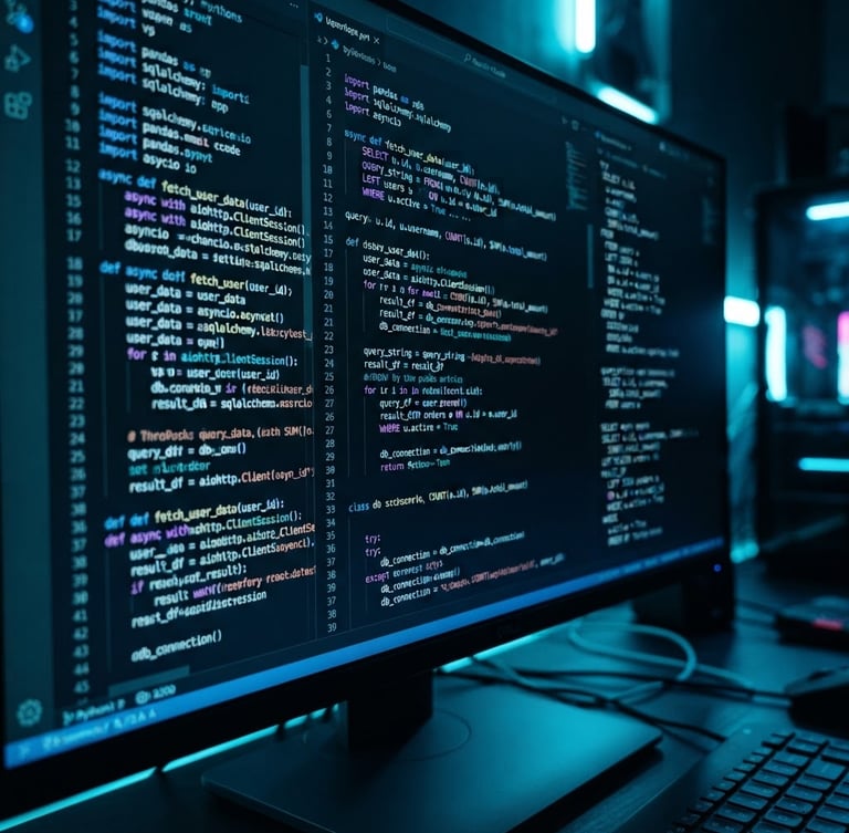 Macro shot of a high-contrast computer monitor displaying complex python code and SQL queries, cool neon blue backlight, shallow depth of field, 35mm dark tech photography