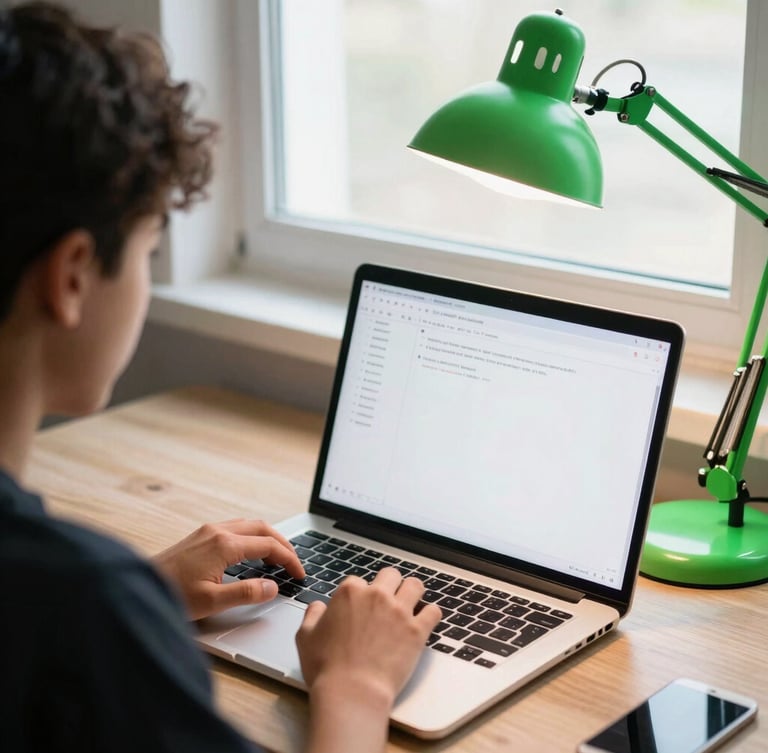 Dynamic overhead angle of a student desk, laptop screen showing a clean document preview, neon green desk lamp, high contrast, 35mm