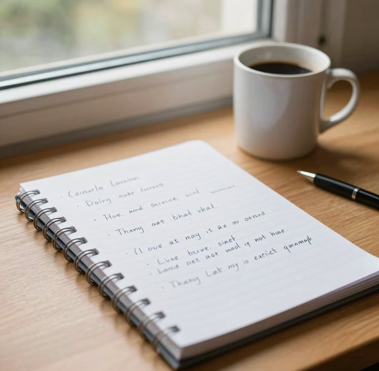Close-up of handwritten tablet notes on a wooden desk next to a coffee mug, natural dorm-room window light, vibrant editorial style, shallow depth of field
