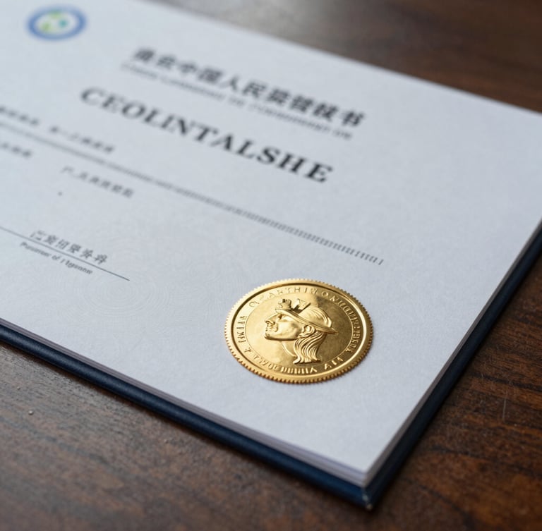 Macro shot of an official corporate certificate with a physical gold embossed seal, resting on a dark wood desk under overcast daylight