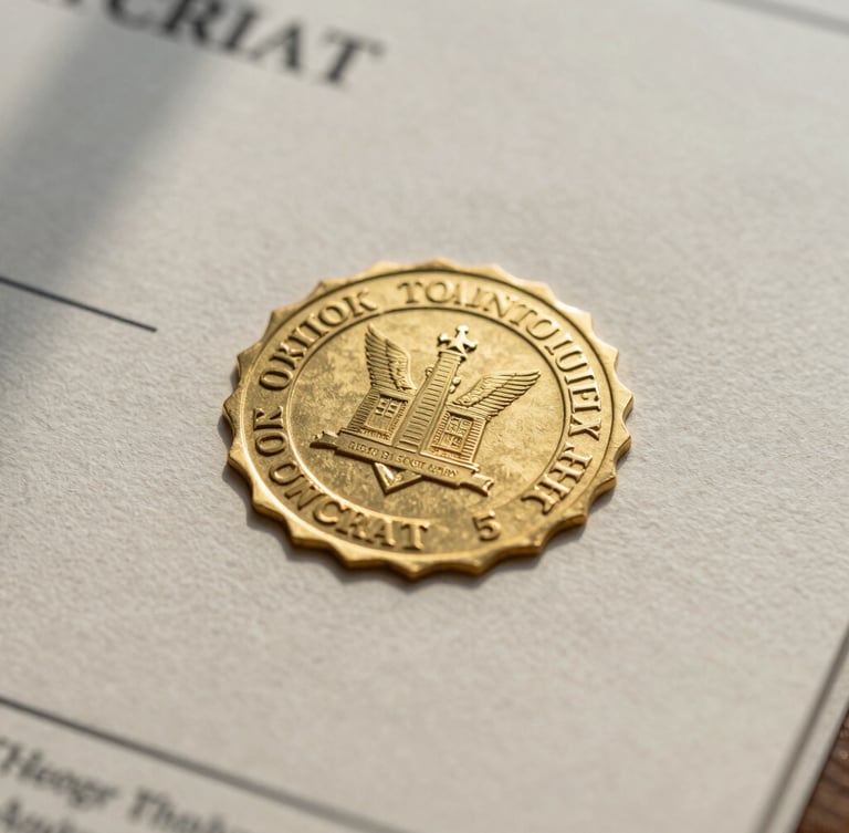 Macro close-up of a stamped corporate certificate of incorporation on textured cream paper, casting soft shadows under bright overcast daylight, sharp focus on the official gold seal.