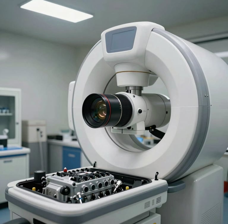 Sharp close-up of a modern diagnostic scanner connected to an engine bay, bright overhead workshop lighting, clean industrial setting.
