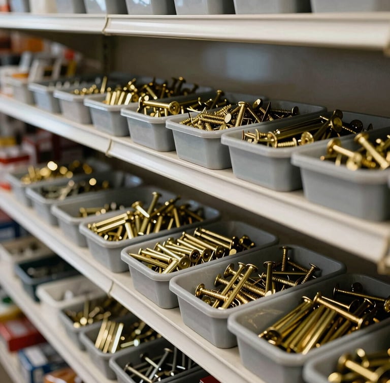 Straight-on architectural shot of an organized neighborhood hardware store counter, clean bins of brass fasteners, natural workshop daylight, rich industrial tones, sharp focus, 35mm lens