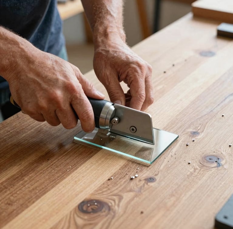Close-up of a worker's hands using a professional glass cutter on a heavy timber workbench, glass particles, natural workshop light, 35mm lens