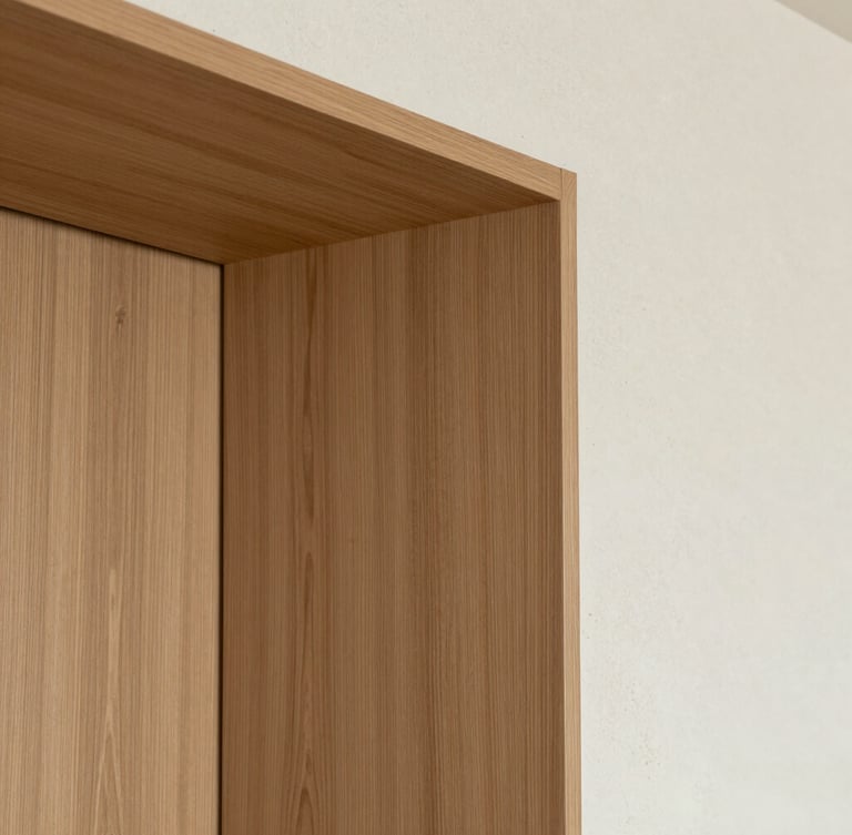 Close-up architectural shot of bespoke oak wood joinery meeting a textured plaster wall, perfect alignment, soft side lighting, editorial design detail
