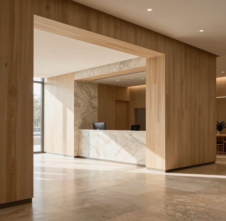 Editorial architectural photography of a corporate lobby, soft natural daylight, warm minimalist interior, clean lines, travertine marble and light wood, 35mm lens