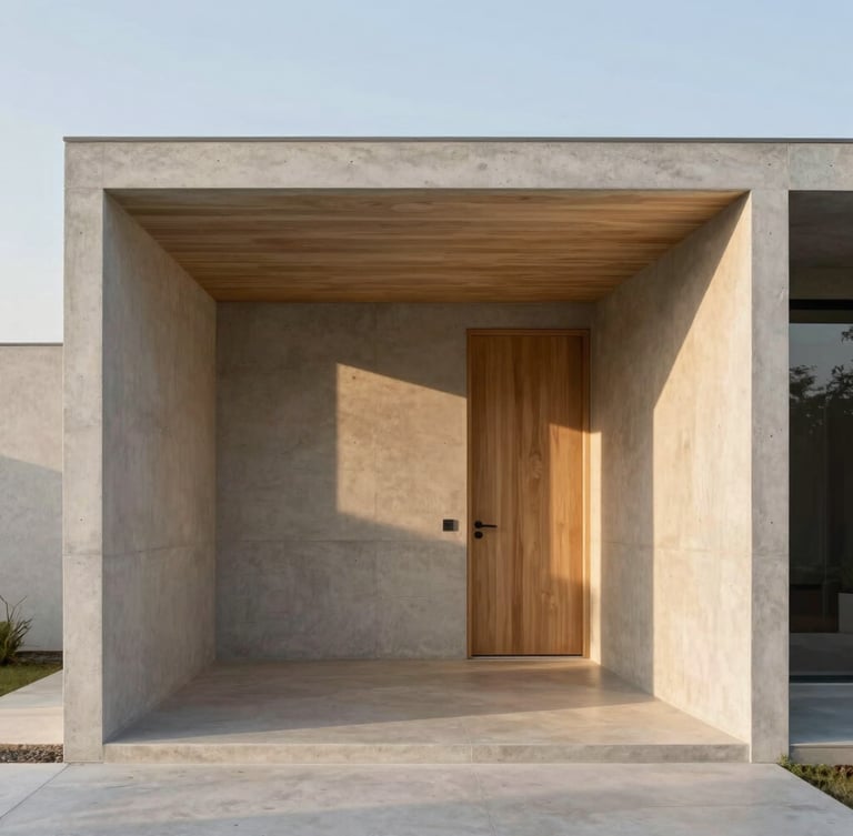 Frontal architectural shot of a minimalist concrete and wood pavilion, warm golden hour sunlight casting soft long shadows, clean lines, high-end materials, 35mm lens