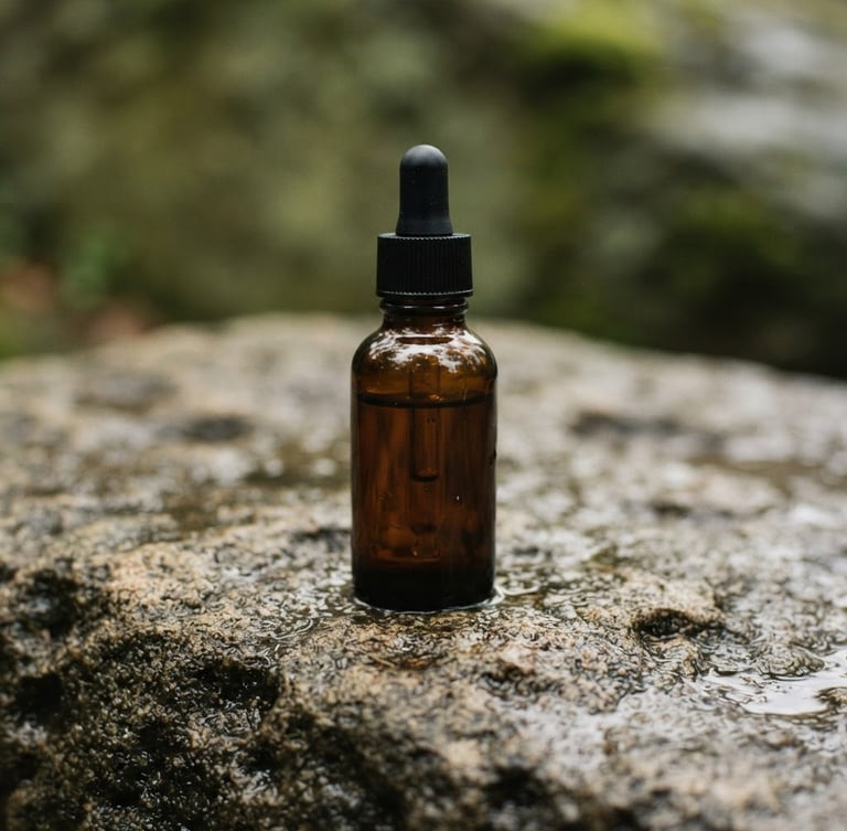 Macro close-up of a minimalist amber glass bottle resting on a wet textured sandstone, soft diffused natural daylight, gentle shadows, muted olive background, 35mm lens