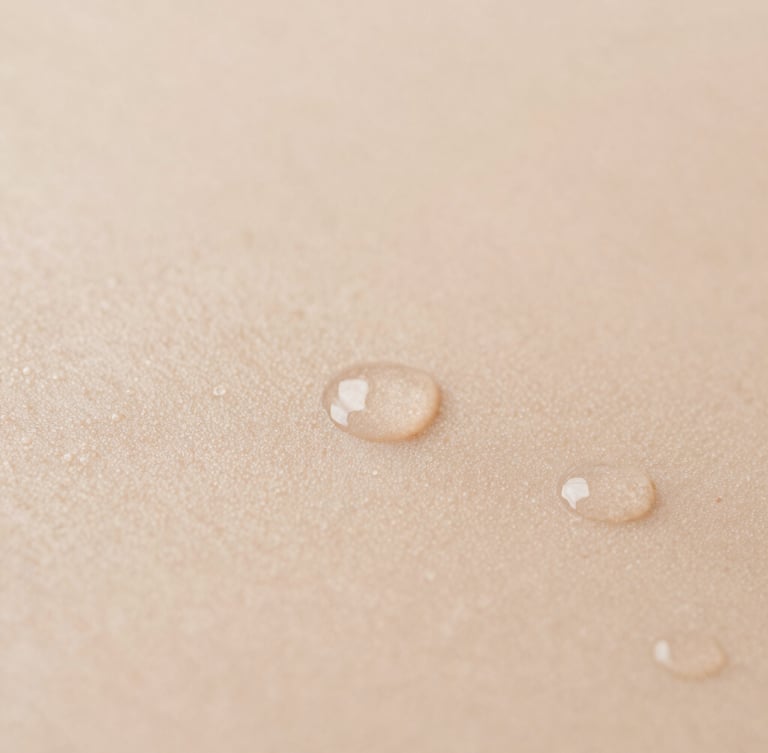 Close-up of clean skin showing natural texture with water droplets, soft diffused natural daylight, warm sand tones, minimalist composition, macro photography