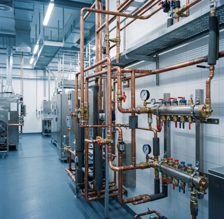 Crisp industrial photography of copper piping and industrial chiller manifolds in a clean-room manufacturing environment, cool blue and slate tones, sharp focus, 35mm