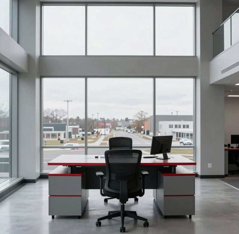 Straight-on architectural shot of a modern, structured workspace in Southwestern Ontario, cool grey tones, crisp natural overcast light, 35mm