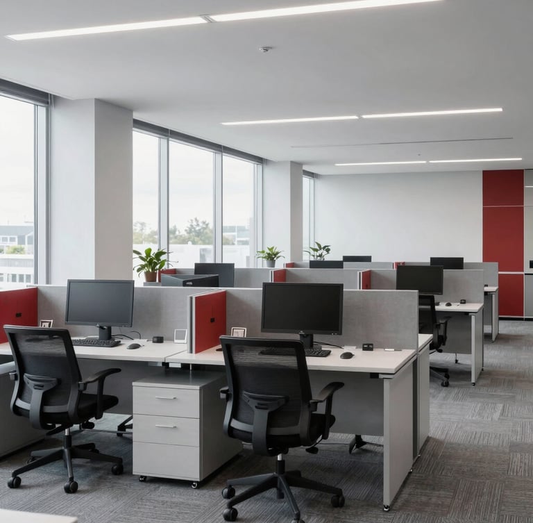A crisp, straight-on architectural shot of a modern, organized office workspace in Southwestern Ontario, cool grey tones, bright natural overcast daylight, professional environment.